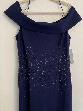 NWT Teri Jon Rickie Freeman Off Shoulder Gown Navy Rhinestone Sz 14 Stretch Prom